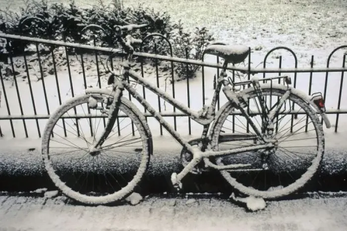 Framed Print : Europe, The Netherlands, Amsterdam. A snow-covered bicycle in Amsterdam in winter