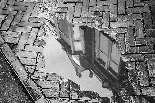 Europe, Netherlands, The Hague. Black and white of buildings reflected in sidewalk rain