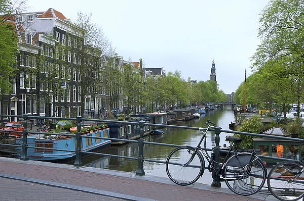 Europe, Netherlands, Holland, Amsterdam, Along the Prinsengracht canal with the Westerkerk