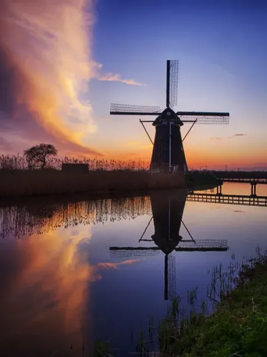 Framed Print : Europe; Netherlands; Kinderdijk; Sunrise along the canal with Windmills