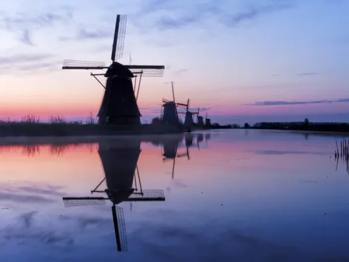 Framed Print : Europe; Netherlands; Kinderdijk; Windmills at Sunrise along the canals of Kinderdijk