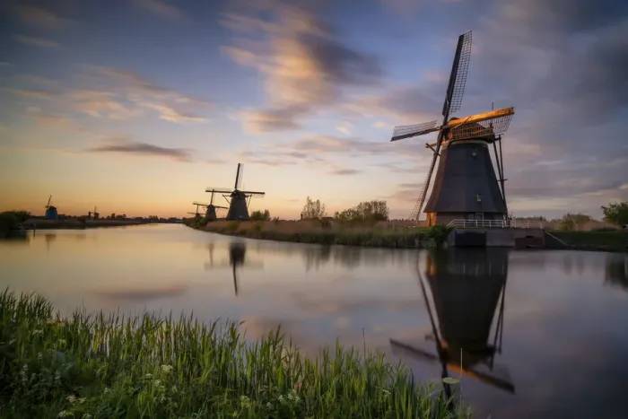 Framed Print : Europe, The Netherlands. Kinderdijk windmills at sunset