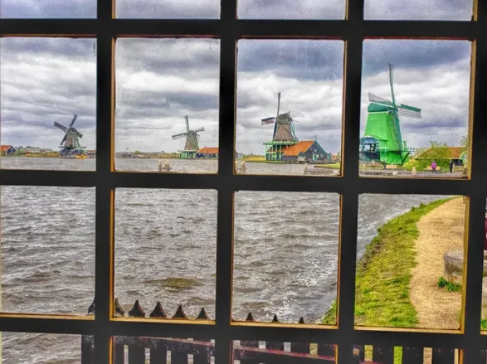 Framed Print : Europe; Netherlands; Zaandam; Zaanse Schans windmills on a cloudy day
