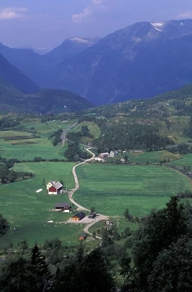 Europe, Norway, Geirangerfjord, Geiranger. Lush farming valley