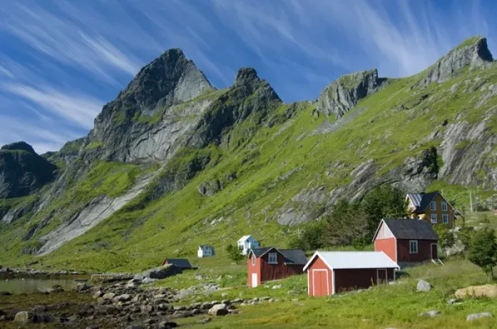 Framed Print : Europe, Norway, Lofoten. Houses in Vindstad below Rabbtinden Framed Print : Europe, Norway, Lofoten. Houses in Vindstad below Rabbtinden