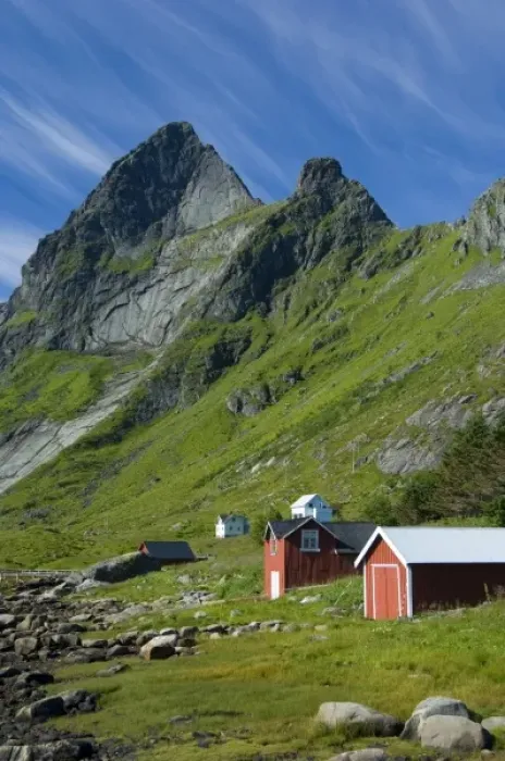 Framed Print : Europe, Norway, Lofoten. Houses in Vindstad below Rabbtinden Framed Print : Europe, Norway, Lofoten. Houses in Vindstad below Rabbtinden