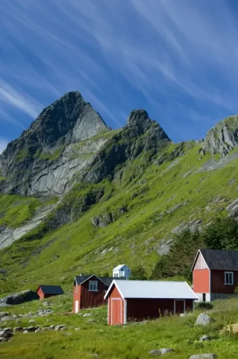 Framed Print : Europe, Norway, Lofoten. Houses in Vindstad below Rabbtinden Framed Print : Europe, Norway, Lofoten. Houses in Vindstad below Rabbtinden