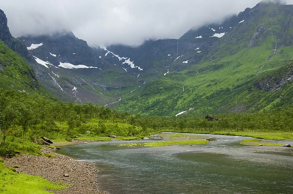 Europe, Norway, Lofoten. The valley and river of Vestpollen in Moysalen National Park