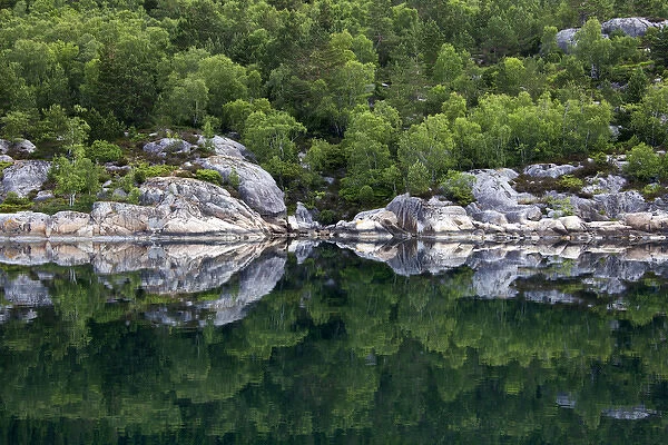 Europe, Norway, Lysefjord. Reflective Landscape of Lysefjord