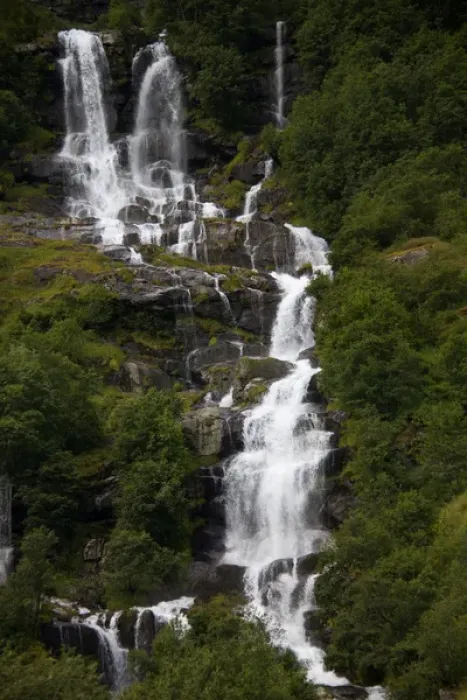 Framed Print : Europe, Norway, Olden. Volefossen Waterfall in Jostedalsbreen National Park