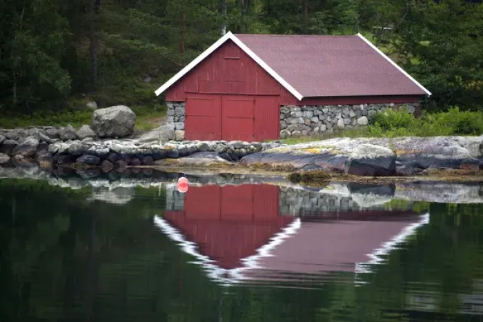 Framed Print : Europe, Norway, Stavanger. Boathouse and reflection on Lysefjord Framed Print : Europe, Norway, Stavanger. Boathouse and reflection on Lysefjord