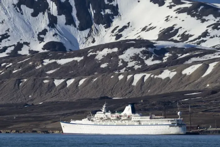 Framed Print : Europe, Norway, Svalbard. Cruise ship Princess Danae moored at research station. Credit as