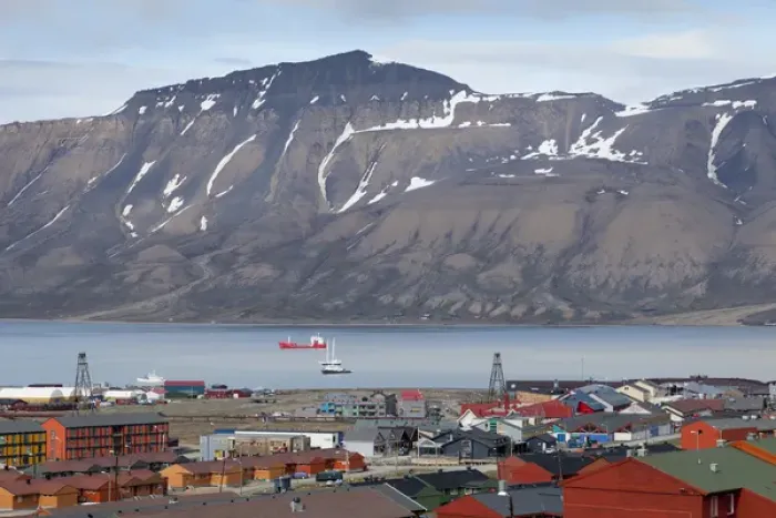 Framed Print : Europe, Norway, Svalbard, Longyearbyen. Overlooking the town and harbor. Credit as Framed Print : Europe, Norway, Svalbard, Longyearbyen. Overlooking the town and harbor. Credit as