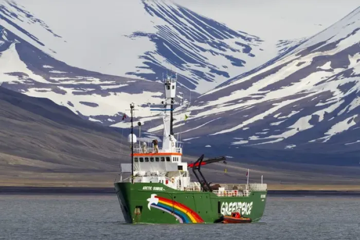 Framed Print : Europe, Norway, Svalbard, Longyearbyen. Greenpeace ship Arctic Sunrise moored in harbor