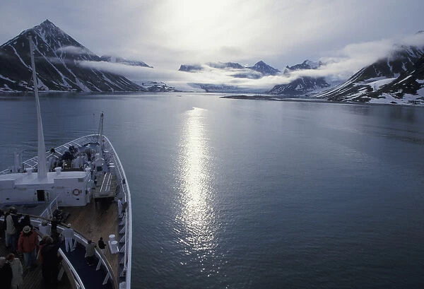 Europe, Norway, Svalbard. Vessel approaching Magdalena Fjord
