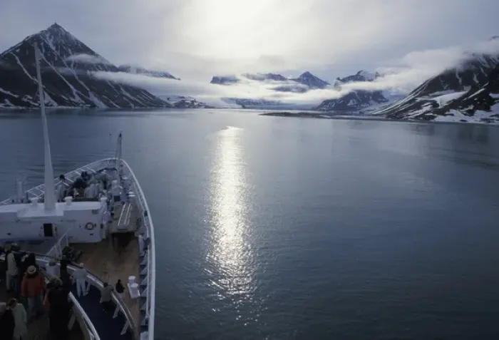 Framed Print : Europe, Norway, Svalbard. Vessel approaching Magdalena Fjord