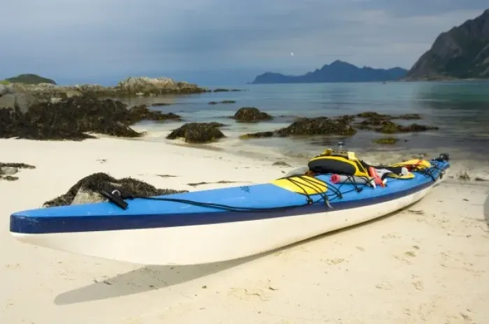 Framed Print : Europe, Norway, VesterAalen. Sea kayaks on beach at Hovden Framed Print : Europe, Norway, VesterAalen. Sea kayaks on beach at Hovden