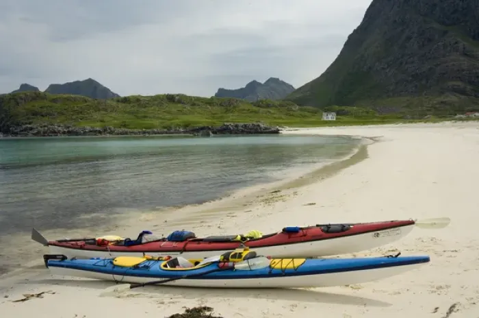 Framed Print : Europe, Norway, Vesteralen. Sea kayaks on beach at Hovden Framed Print : Europe, Norway, Vesteralen. Sea kayaks on beach at Hovden