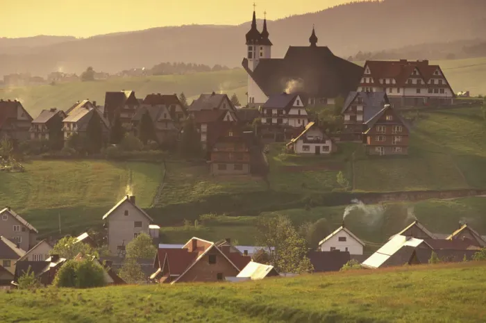 Framed Print : Europe, Poland, Carpathian Mountains. Kluszkowce. Sunset, Town and new church