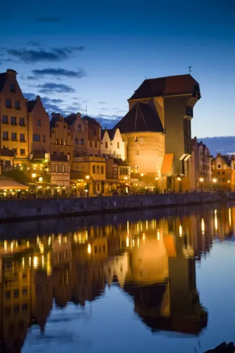 Framed Print : Europe, Poland, Gdansk. Buildings reflect in port water at sunset Framed Print : Europe, Poland, Gdansk. Buildings reflect in port water at sunset