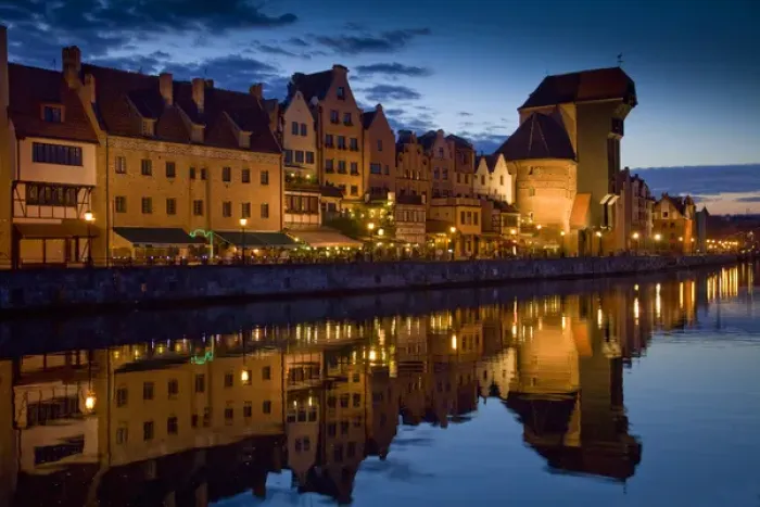 Framed Print : Europe, Poland, Gdansk. Buildings reflect in port water at sunset Framed Print : Europe, Poland, Gdansk. Buildings reflect in port water at sunset