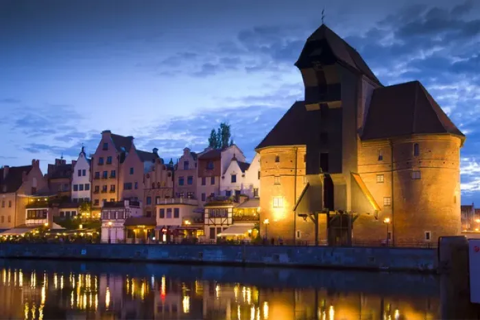 Framed Print : Europe, Poland, Gdansk. Buildings reflect in port water at sunset Framed Print : Europe, Poland, Gdansk. Buildings reflect in port water at sunset