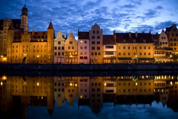 Framed Print : Europe, Poland, Gdansk. Buildings reflect in port water at sunset Framed Print : Europe, Poland, Gdansk. Buildings reflect in port water at sunset