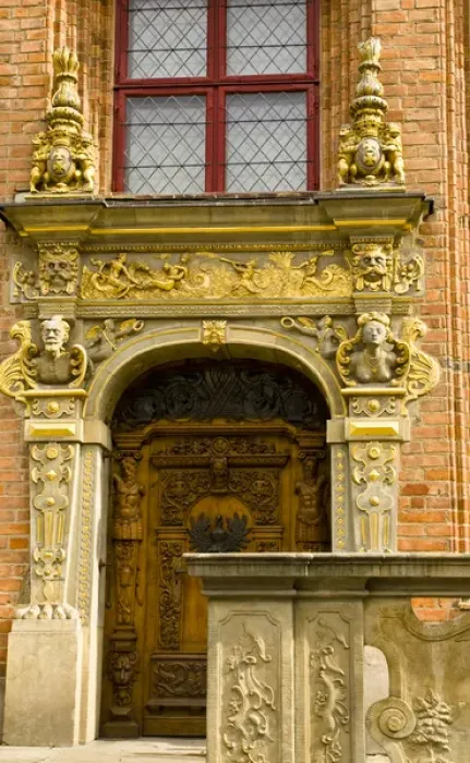 Framed Print : Europe, Poland, Gdansk. Detail of ornate door