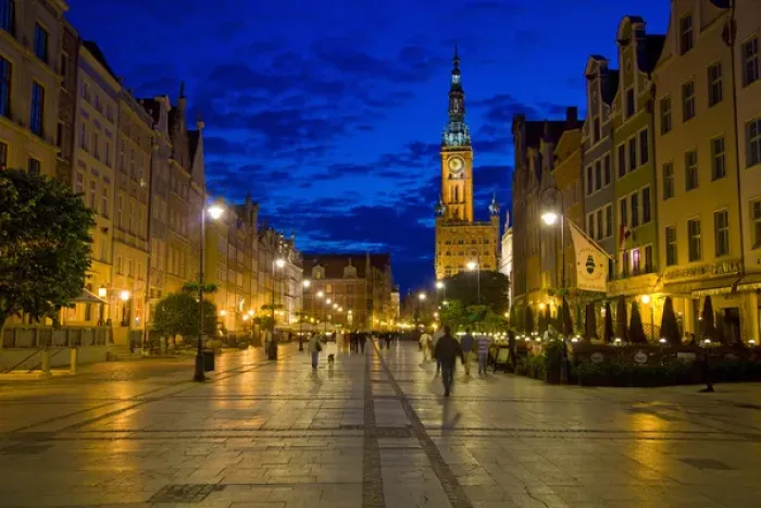 Framed Print : Europe, Poland, Gdansk. Plaza for walking and dining