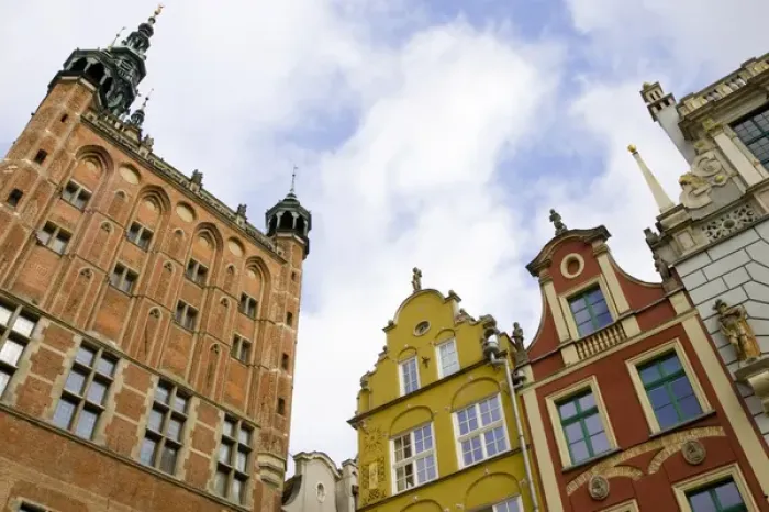 Framed Print : Europe, Poland, Gdansk. Town Hall and rooflines in Old Town. Credit as: Nancy & Steve