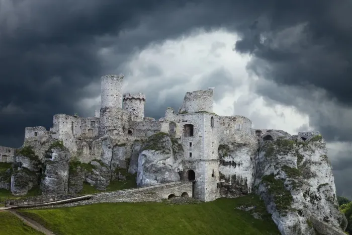 Framed Print : Europe, Poland. Storm clouds over Ogrodzieniec Castle Framed Print : Europe, Poland. Storm clouds over Ogrodzieniec Castle