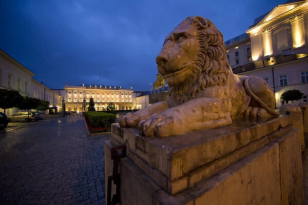 Europe, Poland, Warsaw. Lion statue outside government buildings