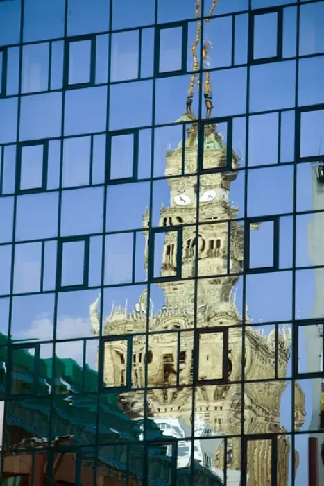 Framed Print : Europe, Poland, Warsaw. Old building reflects in new building