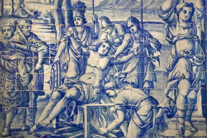 Framed Print : Europe, Portugal, Almancil. Detail of tile work in St. Lawrence Church. Credit as Framed Print : Europe, Portugal, Almancil. Detail of tile work in St. Lawrence Church. Credit as