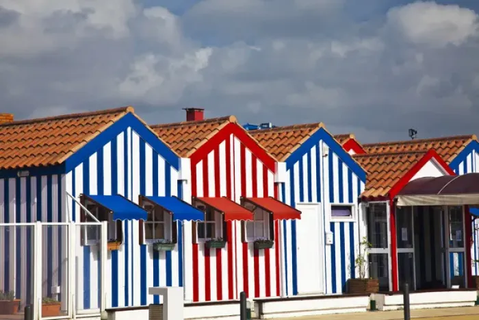 Framed Print : Europe; Portugal; Costa Nova; Candy striped homes lins the streets Framed Print : Europe; Portugal; Costa Nova; Candy striped homes lins the streets