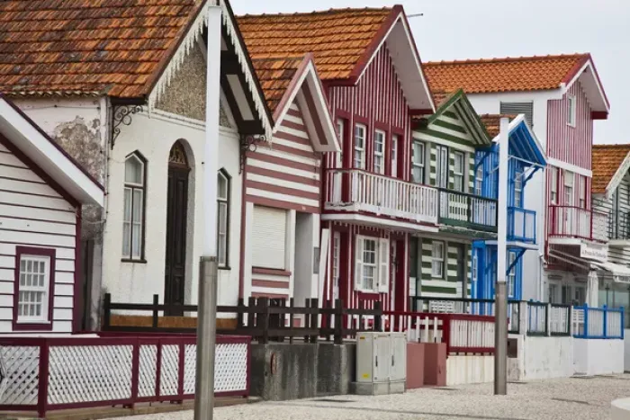 Framed Print : Europe; Portugal; Costa Nova; Candy striped homes lins the streets Framed Print : Europe; Portugal; Costa Nova; Candy striped homes lins the streets
