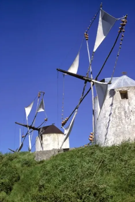 Framed Print : Europe, Portugal, Leiria. Windmill sails glides quietly in the breeze in the Leiria