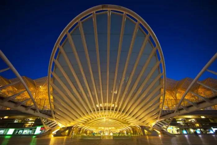 Framed Print : Europe, Portugal, Lisbon. Oriente Train Station lit at night Framed Print : Europe, Portugal, Lisbon. Oriente Train Station lit at night
