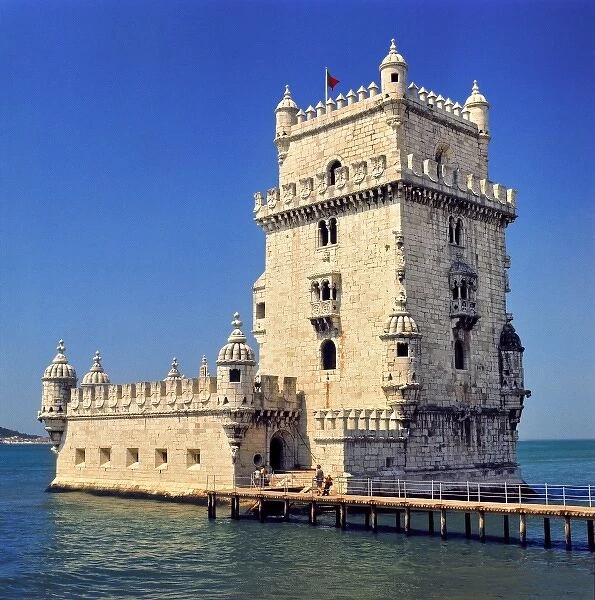 Europe, Portugal, Lisbon. The Tower of Belem or Manueline Tower, built by Dom Manuel