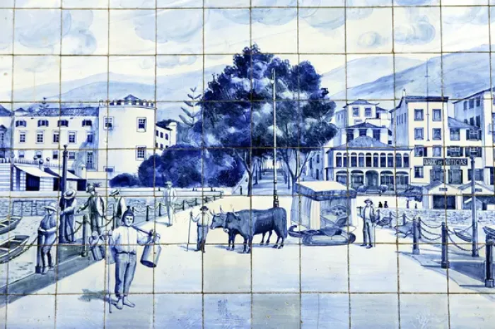 Framed Print : Europe, Portugal, Madeira. Traditional painted glazed tiles decorate exterior facade Framed Print : Europe, Portugal, Madeira. Traditional painted glazed tiles decorate exterior facade