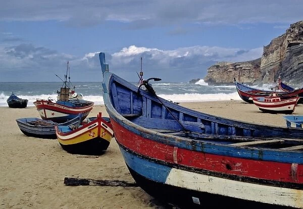 Europe, Portugal, Nazare. All the boats are on shore during a stormy day in Nazare, Portugal