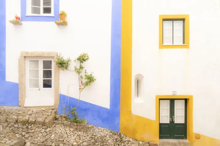 Framed Print : Europe, Portugal, Obidos. Colorful exterior of houses Framed Print : Europe, Portugal, Obidos. Colorful exterior of houses