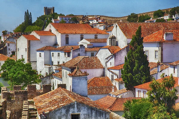 Europe; Portugal; Obidos; Elevated View of the town with the Red Roofs and special architecture