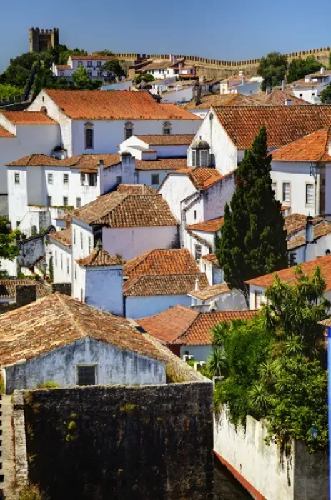 Framed Print : Europe; Portugal; Obidos; Elevated View of the town with the Red Roofs and special architecture