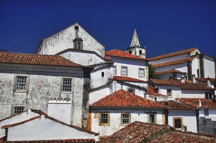 Framed Print : Europe; Portugal; Obidos; Elevated View of the town with the Red Roofs and special architecture