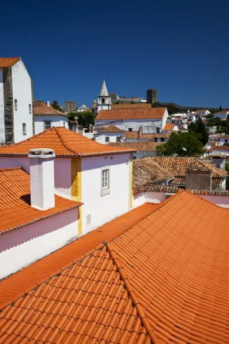 Framed Print : Europe; Portugal; Obidos; Elevated View of the town with the Red Roofs and special architecture Framed Print : Europe; Portugal; Obidos; Elevated View of the town with the Red Roofs and special architecture