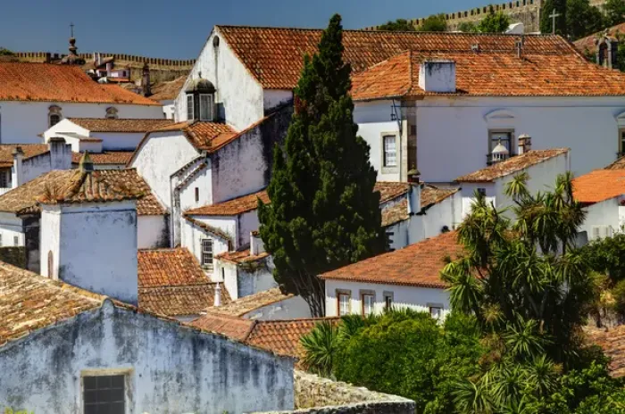 Framed Print : Europe; Portugal; Obidos; Elevated View of the town with the Red Roofs and special architecture