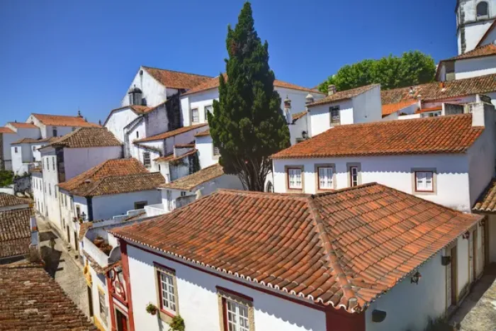 Framed Print : Europe; Portugal; Obidos; Elevated View of the town with the Red Roofs and special architecture