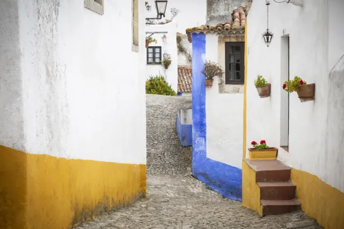 Framed Print : Europe, Portugal, Obidos. Houses on cobblestone street Framed Print : Europe, Portugal, Obidos. Houses on cobblestone street