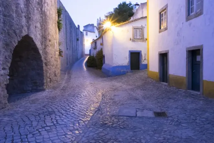 Framed Print : Europe, Portugal, Obidos. Leira District. Cobblestone walkways, at sunset Framed Print : Europe, Portugal, Obidos. Leira District. Cobblestone walkways, at sunset